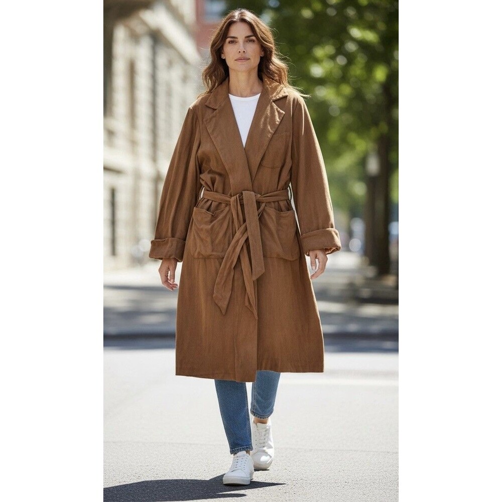 VTG 100% Cashmere Woman’s Trench Coat Brown /Tan by Andrew Morton Tie Waist M